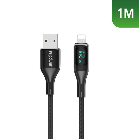 Câble USB vers Lightning tressé Rixus RXUC28AL avec écran LED, 1 m, noir