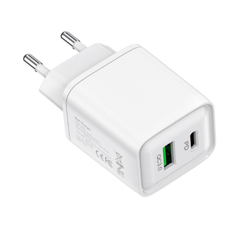 Adaptateur de voyage CH033 double port USB-A et USB-C 33 W blanc
