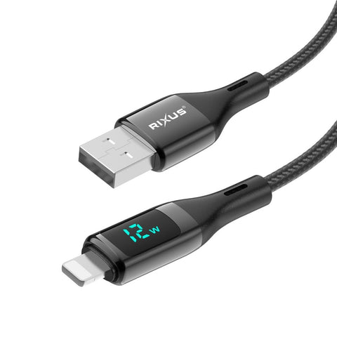 Câble USB vers Lightning tressé Rixus RXUC28AL avec écran LED, 1 m, noir