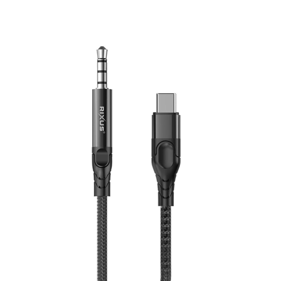 Câble audio tressé Rixus RXMU35C 3,5 mm AUX vers USB-C, 1,2 m, noir