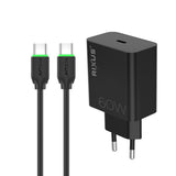 Chargeur Rapide avec Câble USB-C 60W Rixus RXHC07B - Noir