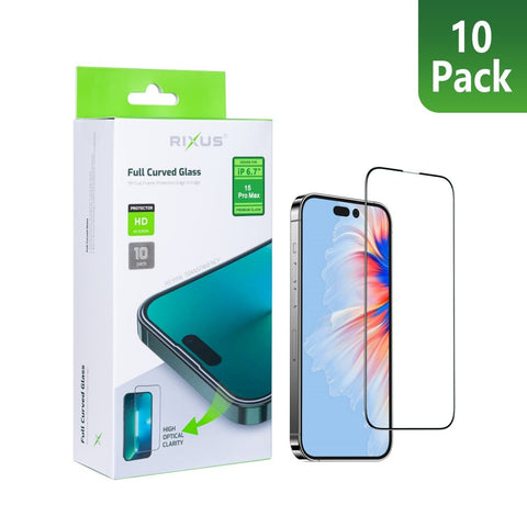 Verre trempé Rixus Clear HD à bords incurvés pour Apple iPhone 15 Pro Max (lot de 10)