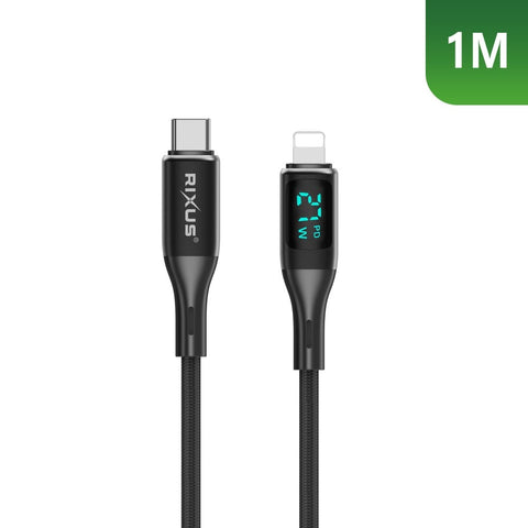 Câble USB-C vers Lightning tressé Rixus RXUC28L avec écran LED, 1 m, noir