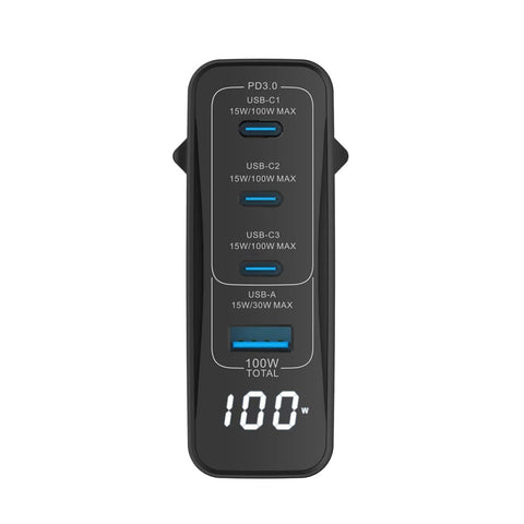 Adaptateur secteur Rixus RX100 GaN avec écran numérique 100 W noir