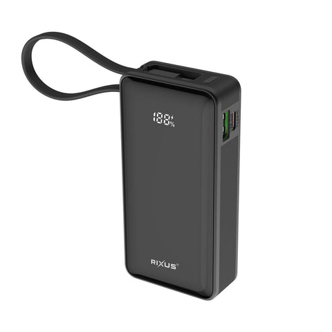 Batterie externe Rixus RXPB01B 10 000 mAh avec câble intégré et dragonne, noir