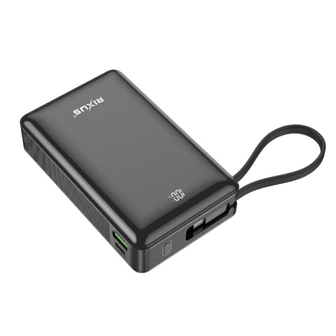 Batterie externe Rixus RXPB02B avec écran numérique 20 000 mAh et câble USB-C intégré - Noir