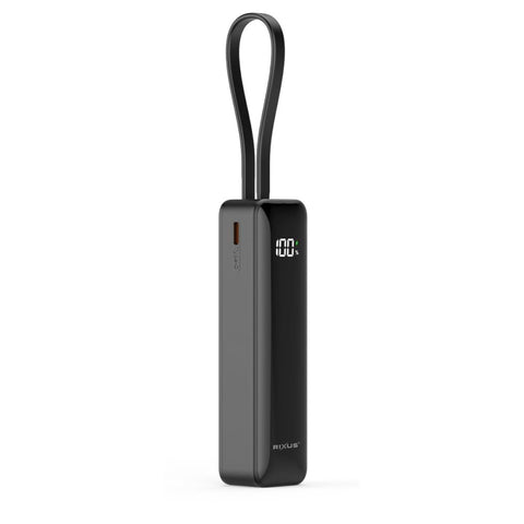 Batterie externe Rixus RXPB03B avec écran numérique 5 000 mAh et câble USB-C intégré - Noir