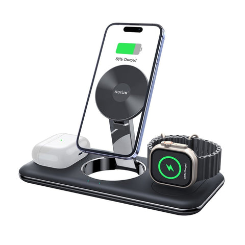 Support de recharge sans fil 3 en 1 Rixus RXWC31 pour téléphone, montre et Airpods, noir