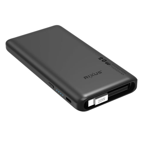 Batterie externe Rixus RXPB08 avec câble USB-C intégré de 70 cm, 10 000 mAh, 22,5 W, noir