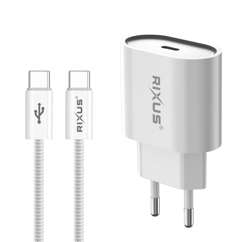 Chargeur rapide Rixus RXHC20C Câble USB-C vers USB-C 1,8 m 20 W Blanc