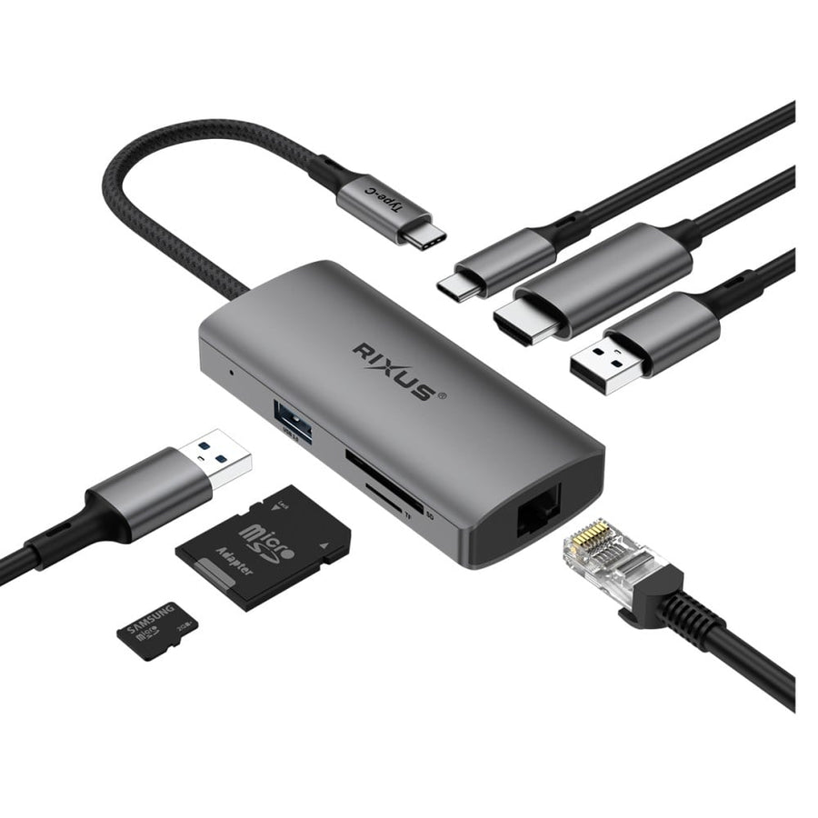 Adaptateur USB-C vers Ethernet Rixus RXHU08 avec station d'accueil, gris