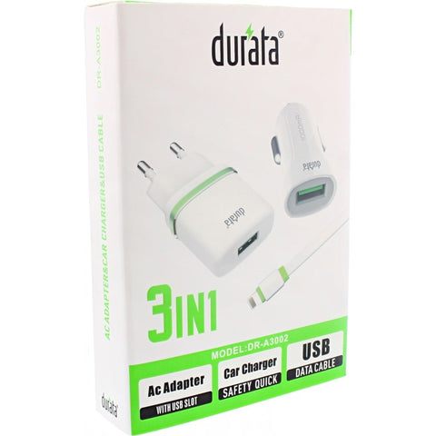 Adaptateur secteur 3 en 1 Durata Chargeur de voiture Câble de données USB DRA3002