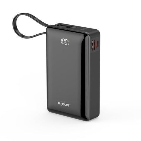 Batterie externe Rixus RXPB02B avec écran numérique 20 000 mAh et câble USB-C intégré - Noir