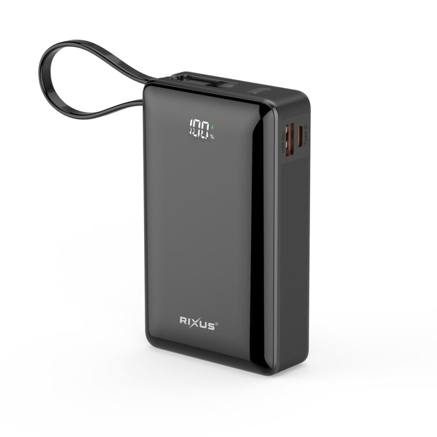 Batterie externe Rixus RXPB02B avec écran numérique 20 000 mAh et câble USB-C intégré - Noir