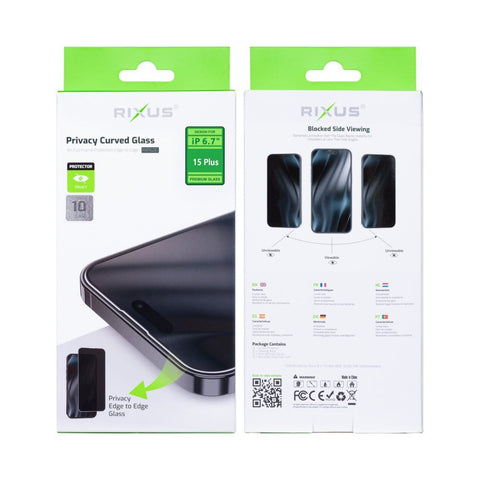 Verre trempé Rixus Privacy à bords entièrement incurvés pour Apple iPhone 15 Plus (lot de 10)