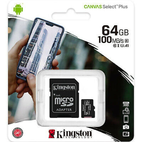 Carte mémoire MicroSD Kingston 64 Go Canvas Select Plus 100R A1 C10 avec adaptateur