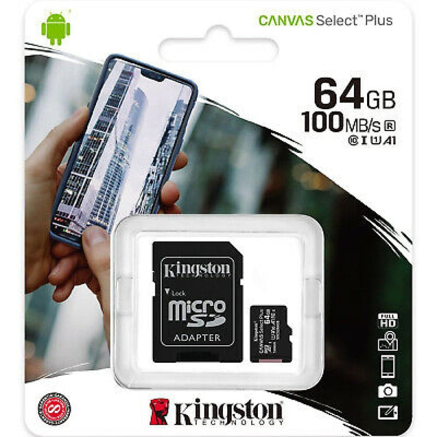 Carte mémoire MicroSD Kingston 64 Go Canvas Select Plus 100R A1 C10 avec adaptateur