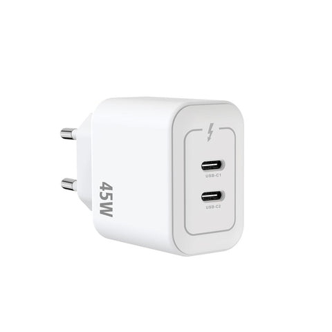 Adaptateur secteur double USB-C Rixus RXHC45 GaN 45 W blanc