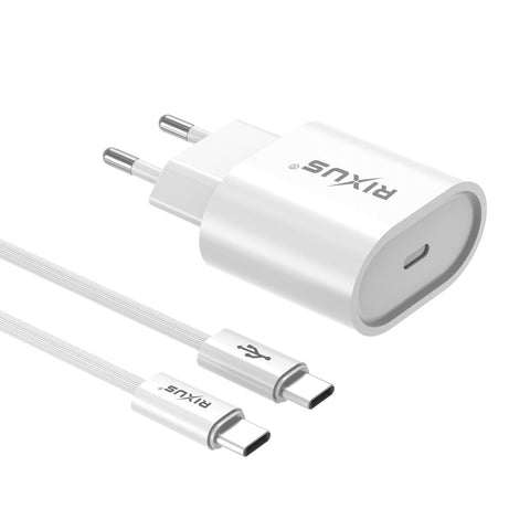 Chargeur rapide Rixus RXHC20C Câble USB-C vers USB-C 1,8 m 20 W Blanc