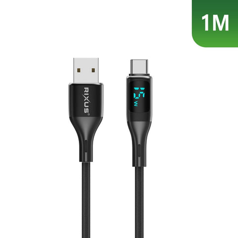 Câble USB vers USB-C tressé Rixus RXUC28AC avec écran LED, 1 m, noir