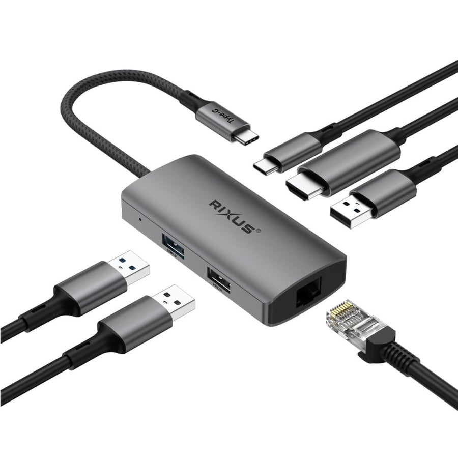 Adaptateur USB-C vers Ethernet HDMI Rixus RXHU07 avec station d'accueil, gris