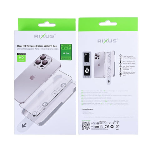 Verre trempé Rixus Clear HD avec boîtier Fit Box pour Apple iPhone 16 Pro